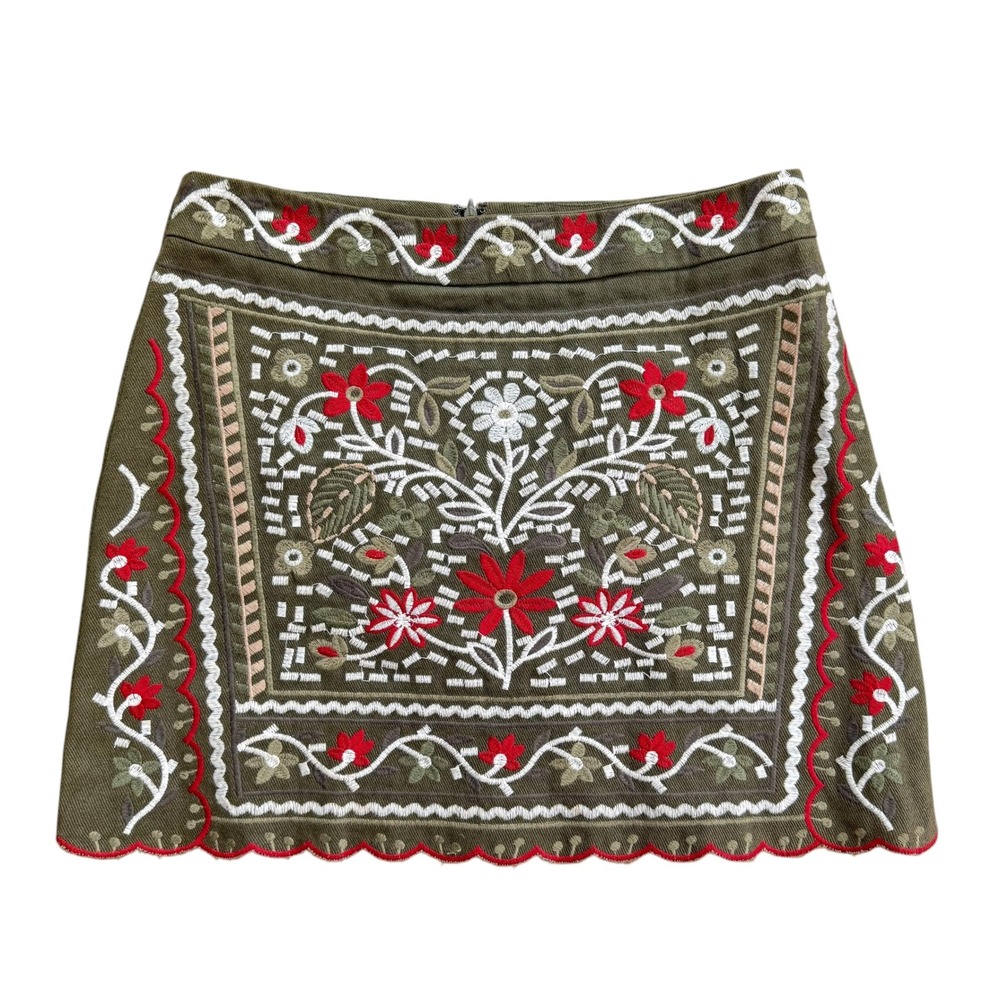 Blue Rain Olive Green Embroidered Floral Scalloped Mini Skirt Boho Size Medium